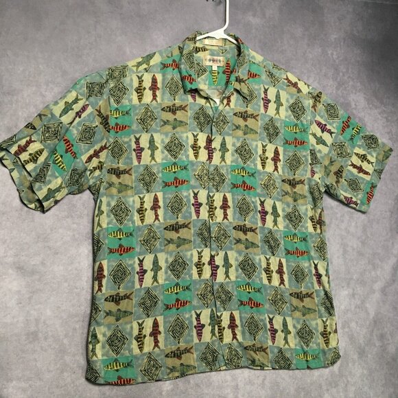 Campia Moda Mens Hawaiian Shirt size XL Short‎ Sleeve Tribal Fish Graphic Green - Picture 1 of 16